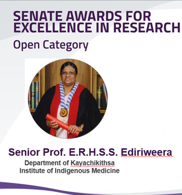Senior Professor (MRS.) E.R.H.S.S. Ediriweera achieved Senate award for Research Excellence 2018.