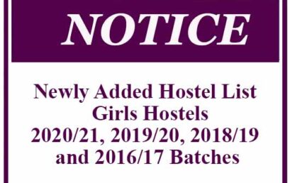 Newly Added Hostel List – Girls Hostels- 2020/21, 2019/20, 2018/19 and 2016/17 Batches