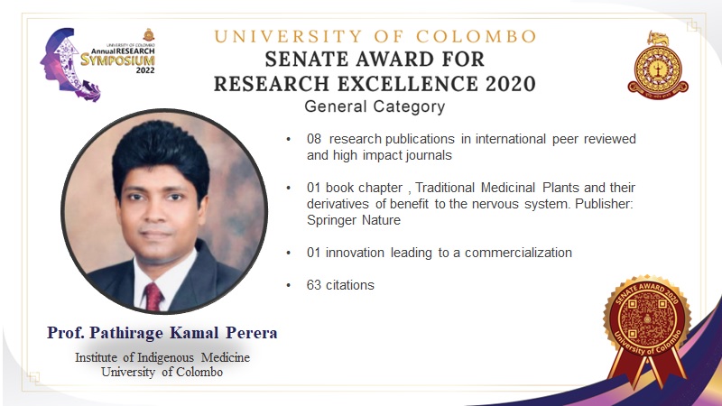 Professor Pathirage Kamal Perera achieved the  “Senate awards for research excellence” in the year 2020