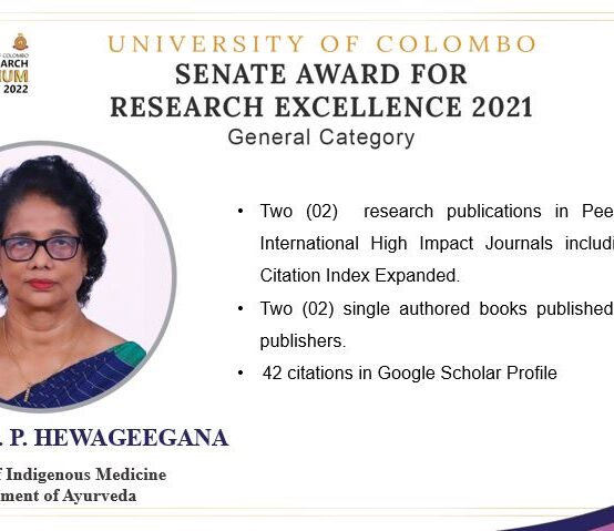 Dr. H. G. S. P. HEWAGEEGANA achieved the “Senate Award for Research Excellence” in the year 2021