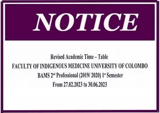 Revised Academic Time table BAMS 2nd Professional(2019/2020) 1st Semester from 27.02.2023 to 30.06.2023
